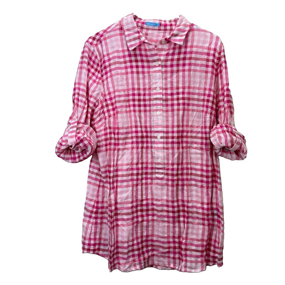 J McLaughlin Pink Plaid Button Shirt Cotton Long Roll Tab Sleeve Classic MEDIUM - Picture 3 of 10